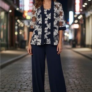R&M Richards Navy and White Floral Wide Leg Jumpsuit